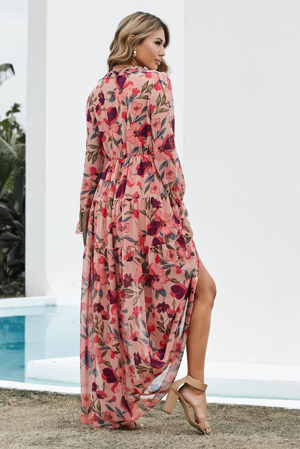 Floral Frill Trim Flounce Sleeve Plunge Maxi Dress Fitggins