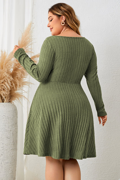 Honey Plus Size Sweetheart Neck Long Sleeve Ribbed Dress - Casual & Maxi Dresses - FITGGINS