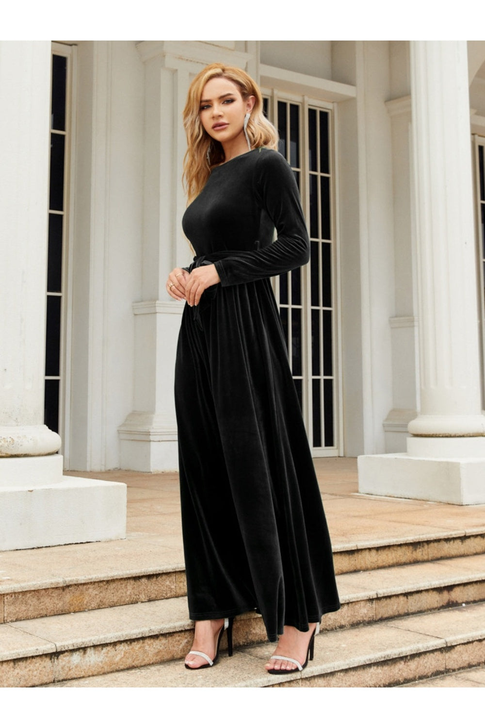 Tie Front Round Neck Long Sleeve Maxi Dress - - FITGGINS