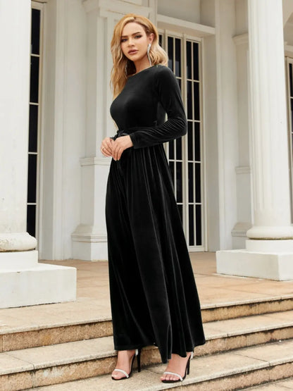 Tie Front Round Neck Long Sleeve Maxi Dress Fitggins