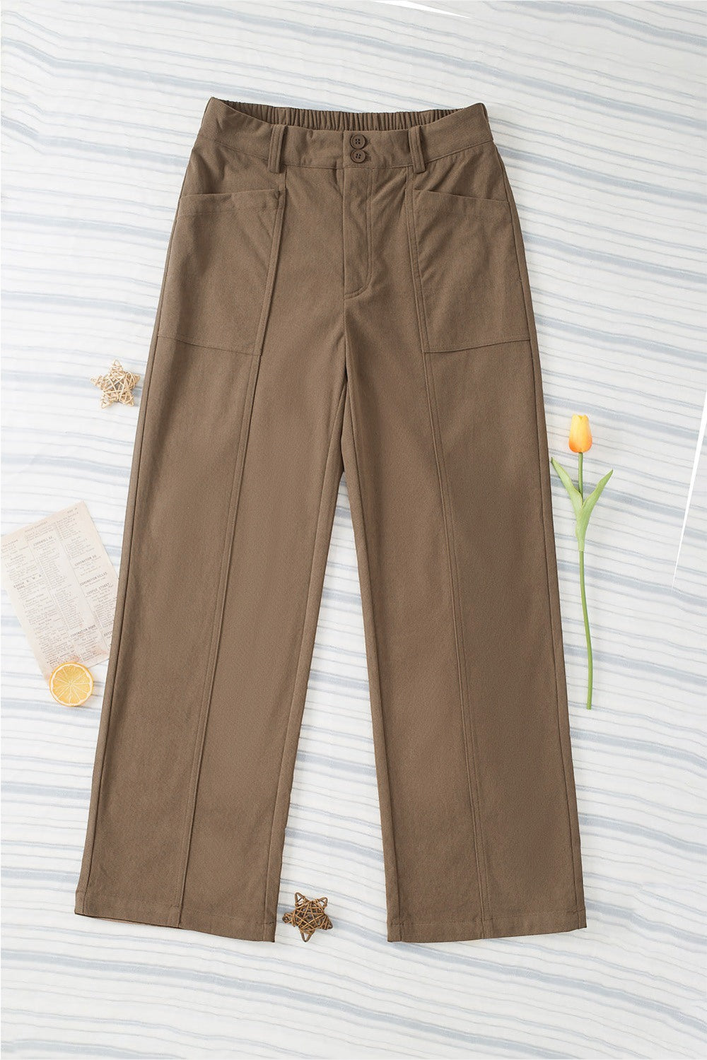 Half Elastic Waist Straight Pants - Pants - FITGGINS