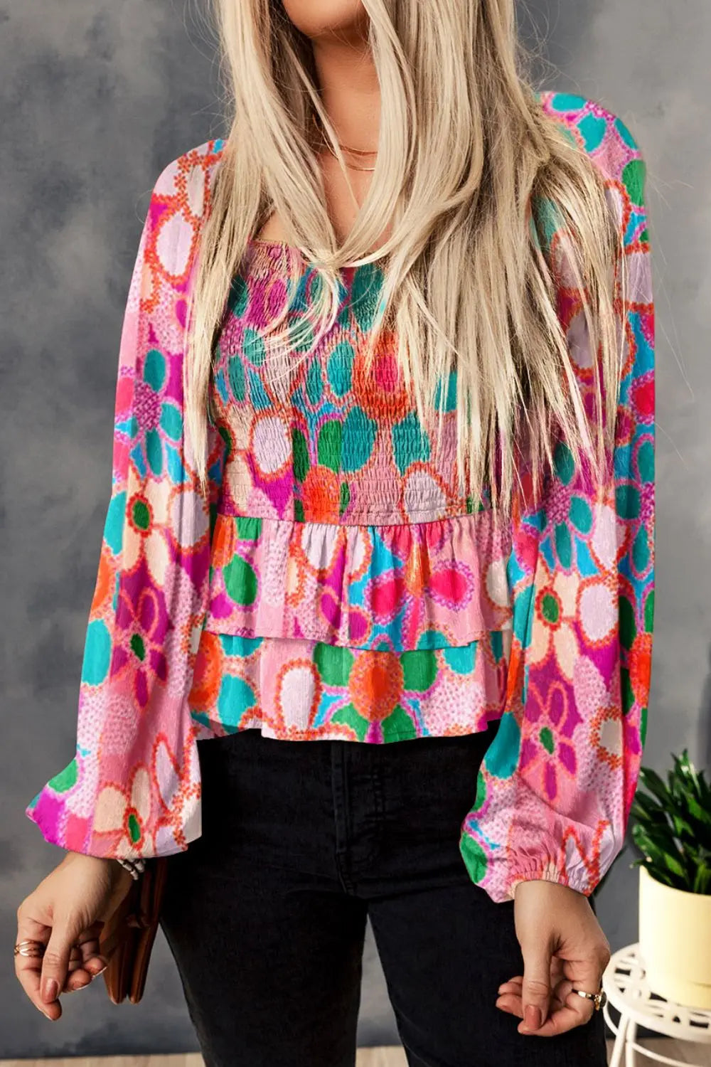 Floral Smocked Ruffled Balloon Sleeve Blouse Multicolor Fitggins