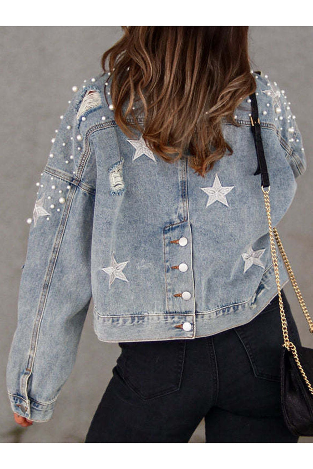 Pearl Trim Button Up Denim Jacket with Pockets - Denim Jackets - FITGGINS