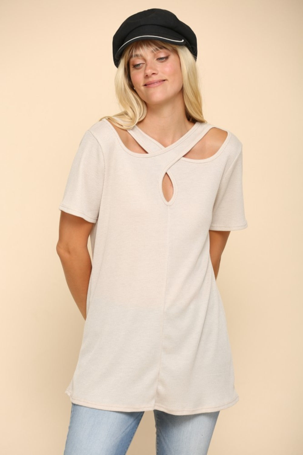 Celeste Full Size Crisscross Cutout Short Sleeve T-Shirt - T-Shirts - FITGGINS