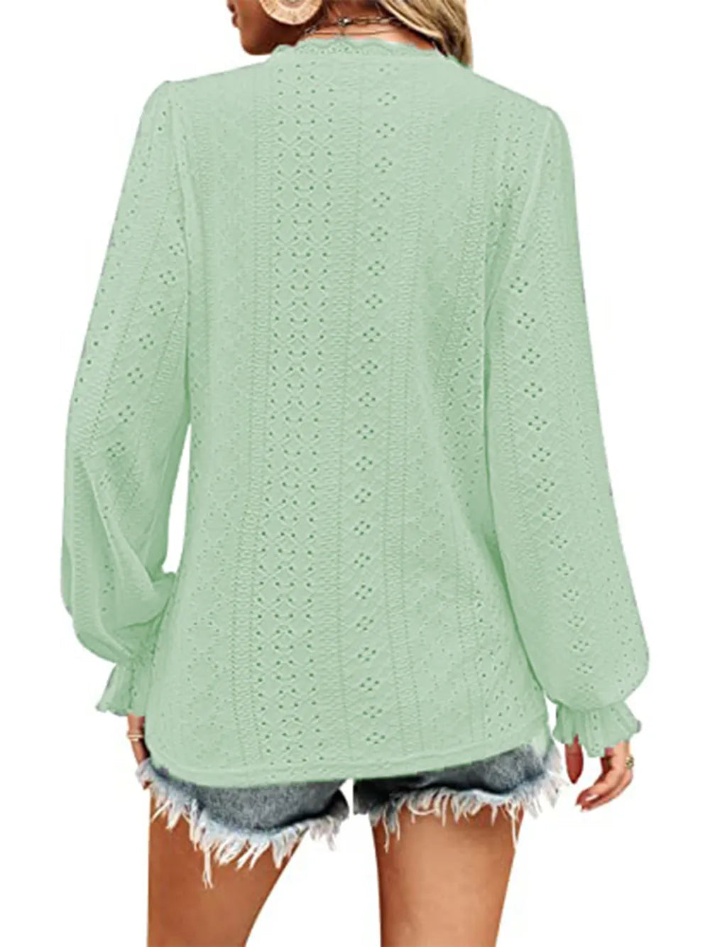 Eyelet V-Neck Flounce Sleeve Blouse Fitggins