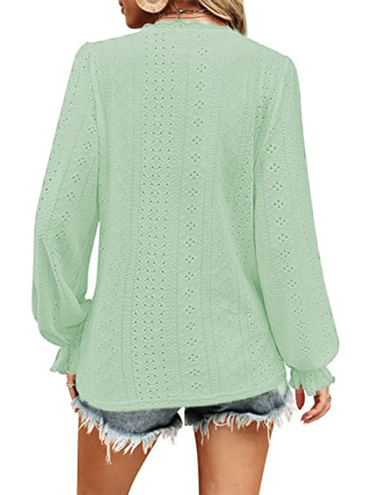 Eyelet V-Neck Flounce Sleeve Blouse Fitggins