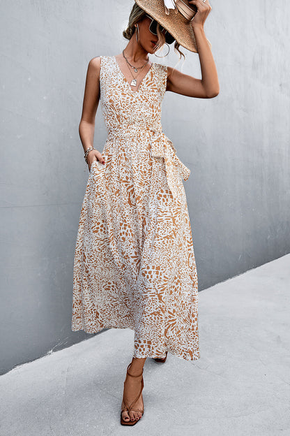 Printed V-Neck Tie Waist Maxi Dress - Casual & Maxi Dresses - FITGGINS