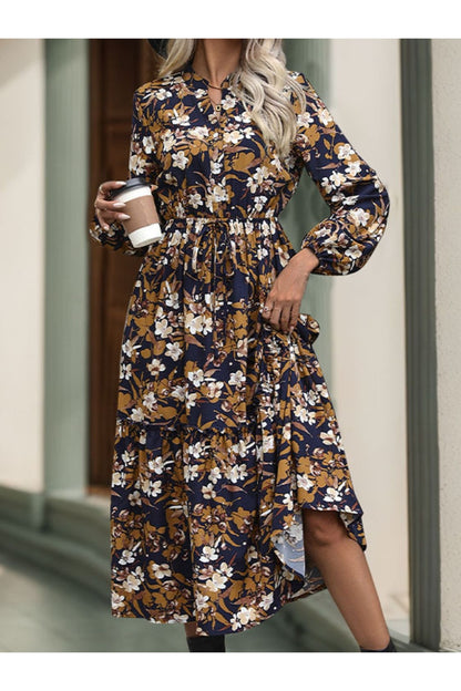 Perfee Printed Notched Long Sleeve Midi Dress - Casual & Maxi Dresses - FITGGINS