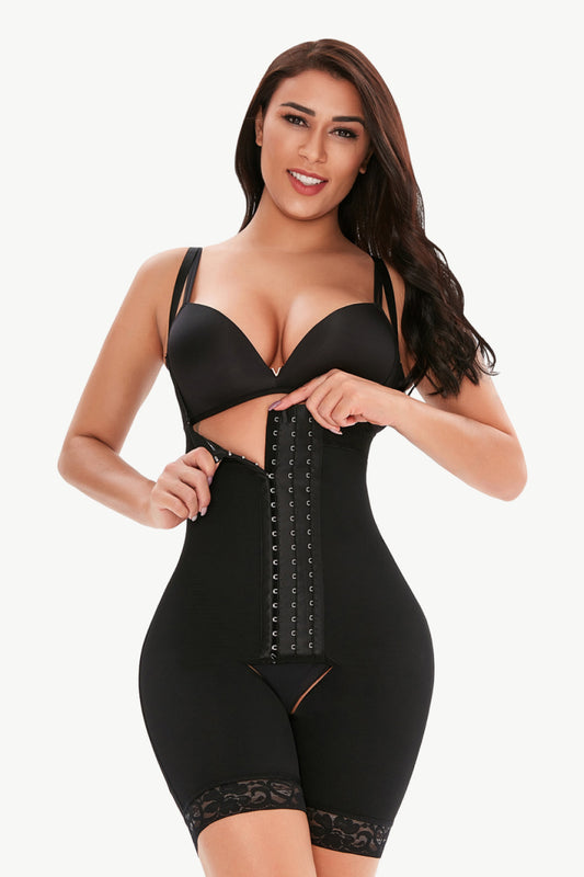 Full Size Hook-and-Eye Lace Trim Shaping Bodysuit Black Fitggins