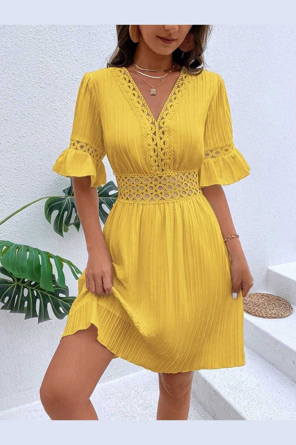 Cutout V-Neck Flounce Sleeve Mini Dress - Casual & Maxi Dresses - FITGGINS