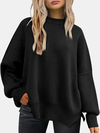 Round Neck Drop Shoulder Slit Sweater Black Fitggins