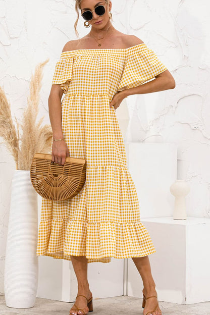 Plaid Off-Shoulder Tiered Midi Dress - Casual & Maxi Dresses - FITGGINS