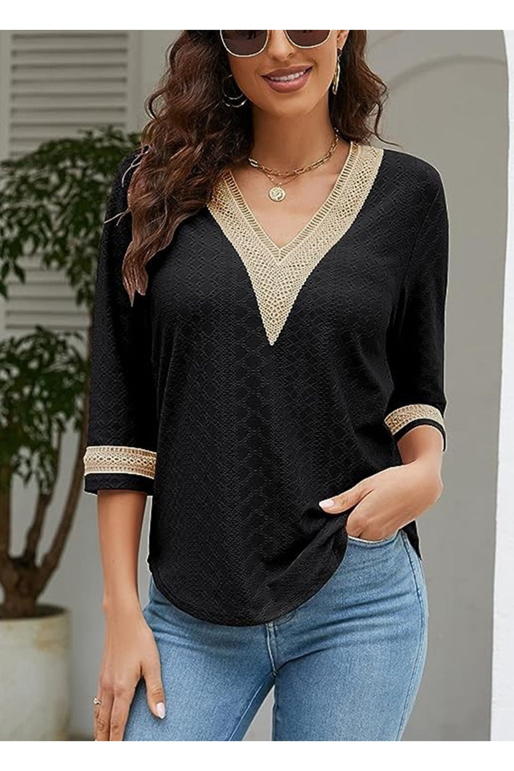 V-Neck Eyelet Blouse - Blouses - FITGGINS