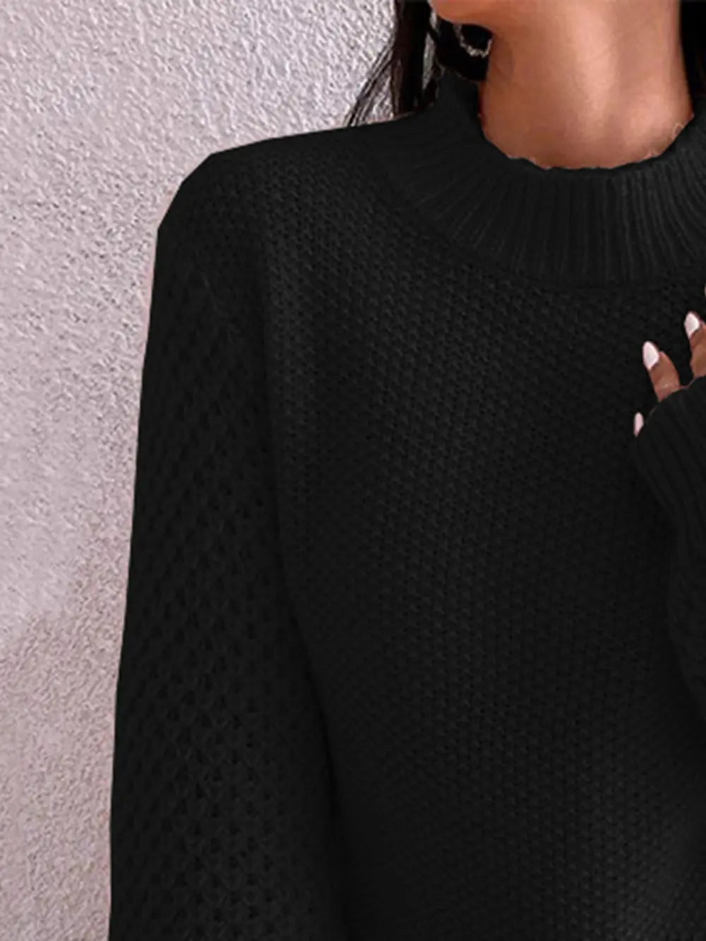 Openwork Mock Neck Long Sleeve Sweater Fitggins