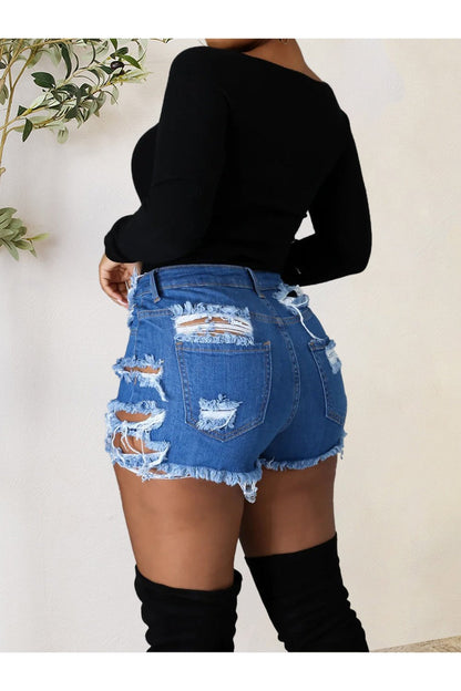 Distressed Raw Hem Denim Shorts with Pockets - Denim Shorts - FITGGINS