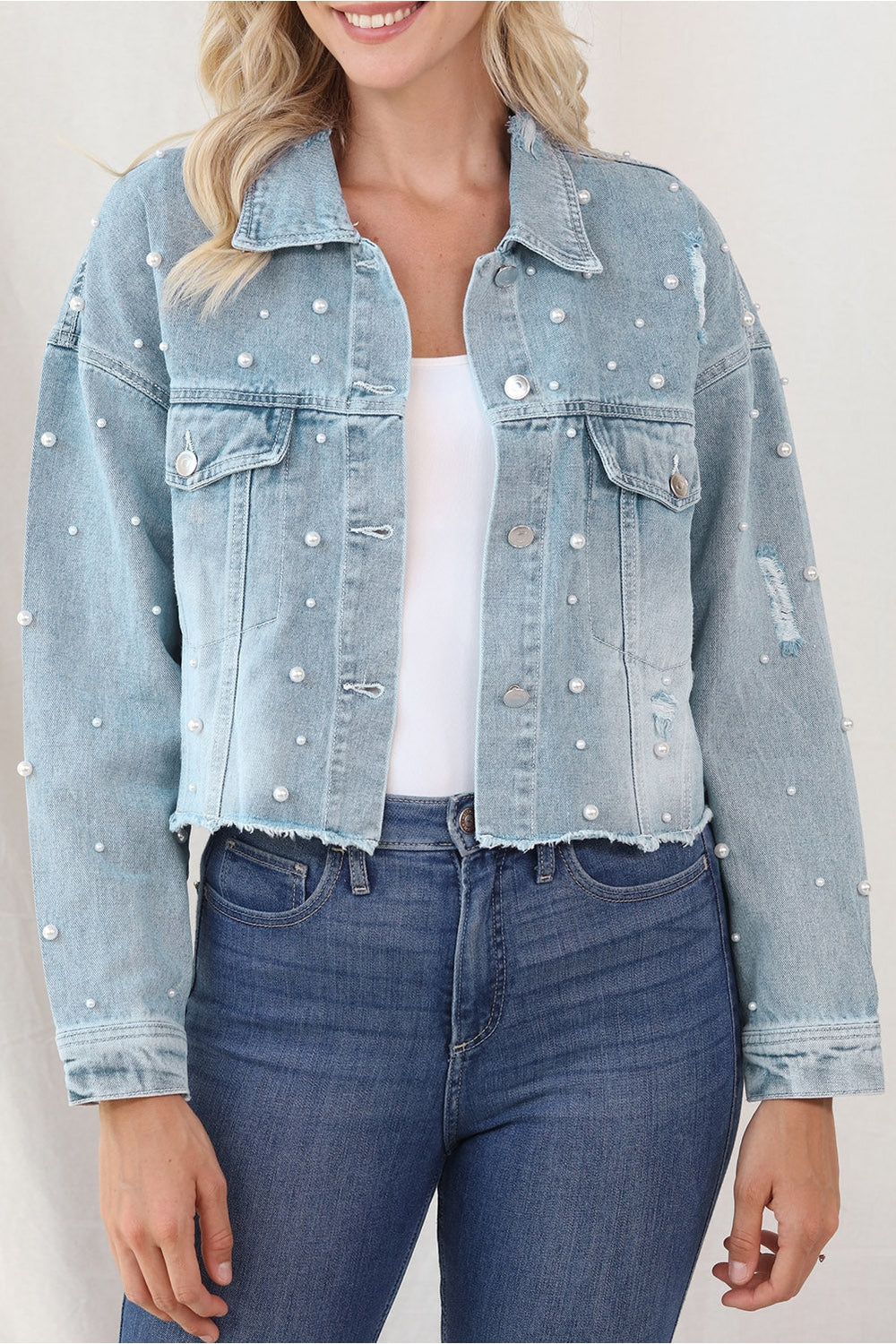 Distressed Pearl Trim Button Up Denim Jacket - Denim Jackets - FITGGINS