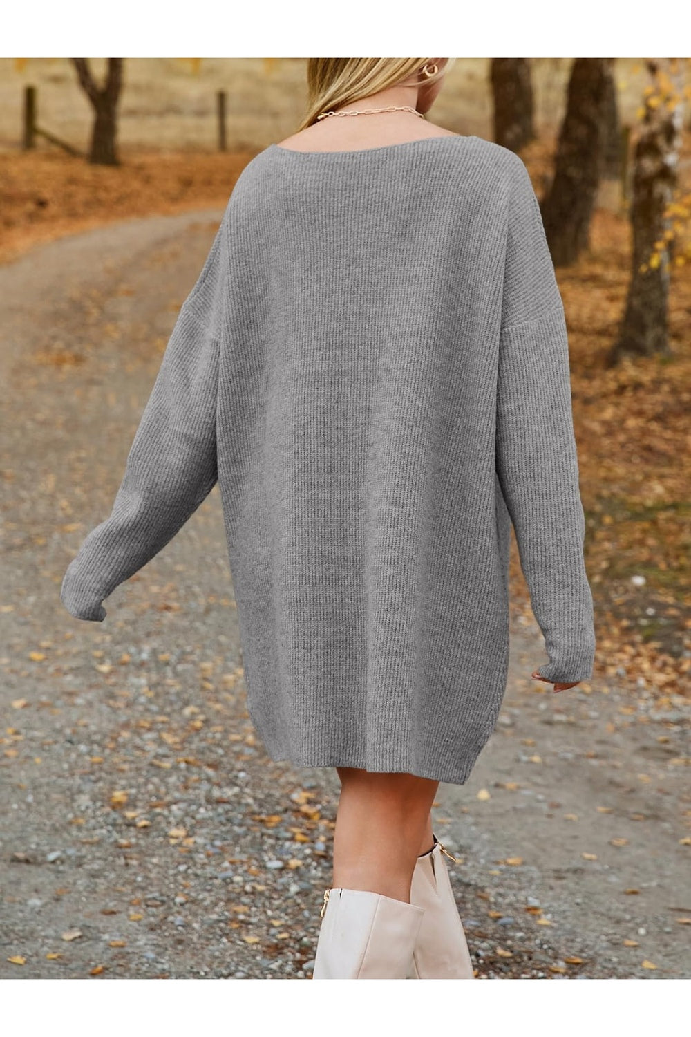 V-Neck Dropped Shoulder Sweater Dress - Sweater Dresses - FITGGINS