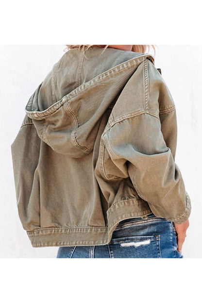 Hooded Dropped Shoulder Denim Jacket - Denim Jackets - FITGGINS