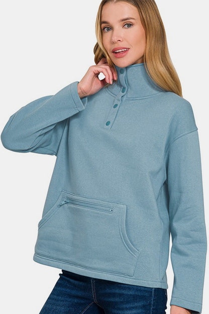 Zenana Turtleneck Half Snap Fleece Sweatshirt - Sweatshirts & Hoodies - FITGGINS