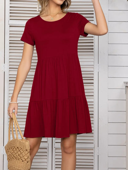 Round Neck Short Sleeve Mini Tee Dress Burgundy Fitggins