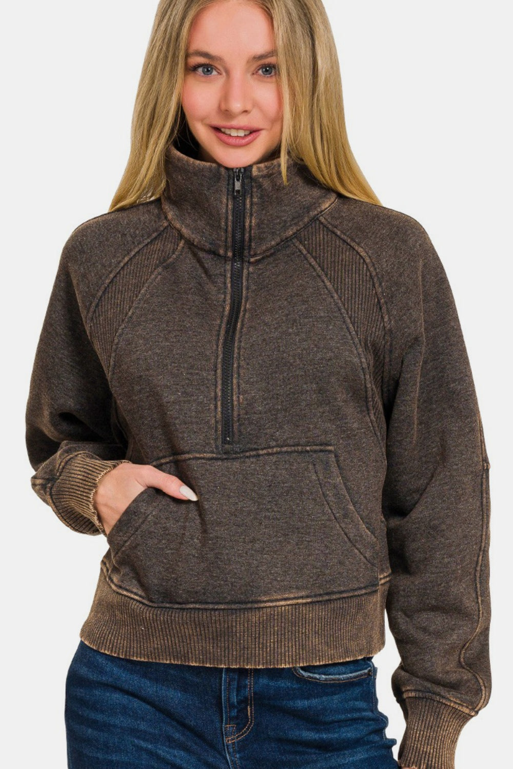 Zenana Acid Washed Half Zip Fleece Sweatshirt - Sweatshirts & Hoodies - FITGGINS