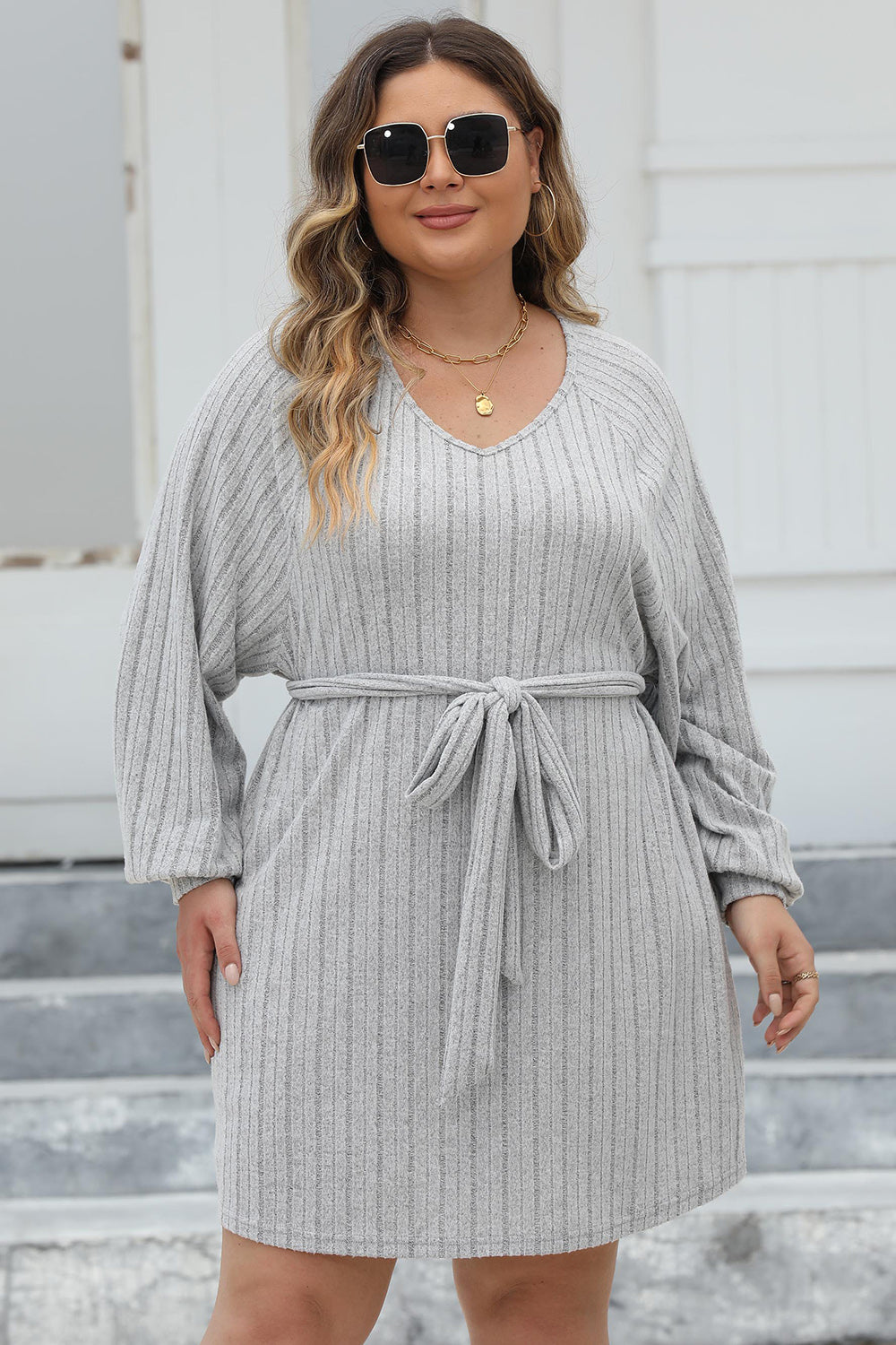 Plus Size Ribbed Tie Front Long Sleeve Sweater Dress - Sweater Dresses - FITGGINS