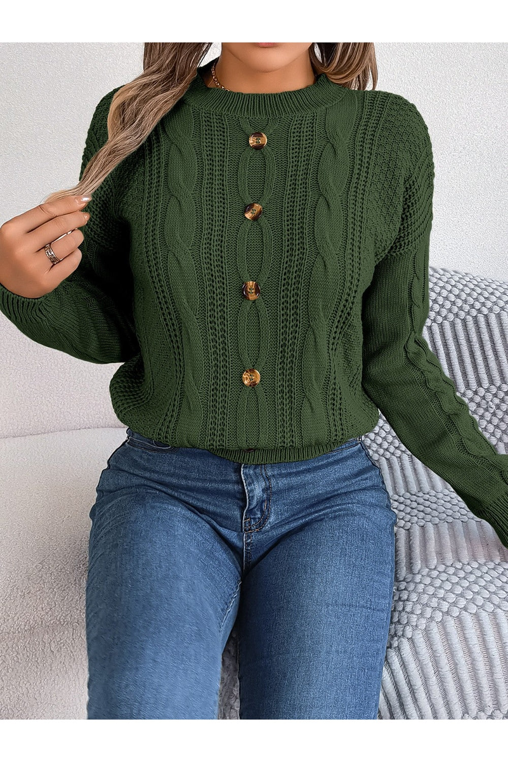 Cable-Knit Buttoned Round Neck Sweater - Pullover Sweaters - FITGGINS