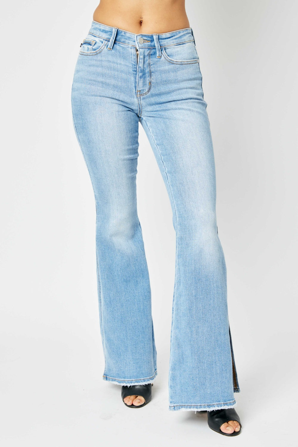 Judy Blue Full Size Mid Rise Raw Hem Slit Flare Jeans - Jeans - FITGGINS