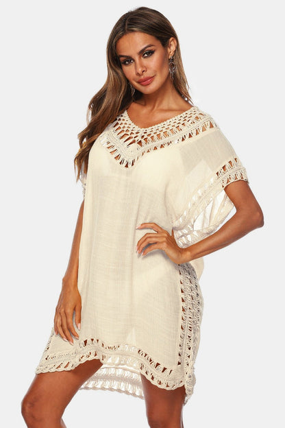 Cutout V-Neck Short Sleeve Cover-Up - Cover-Ups - FITGGINS