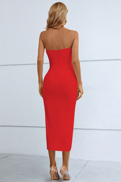 Cutout Strapless Drawstring Detail Split Bandage Dress - Cocktail Dresses - FITGGINS