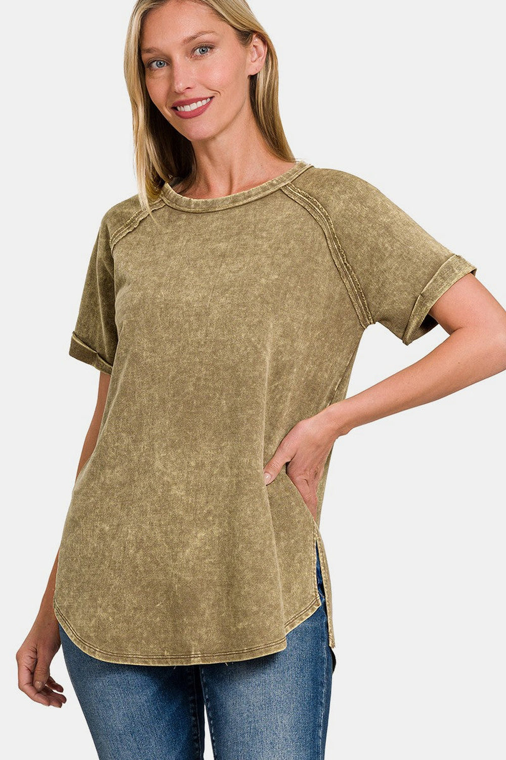 Zenana Heathered Round Neck Short Sleeve Top - Shirts - FITGGINS