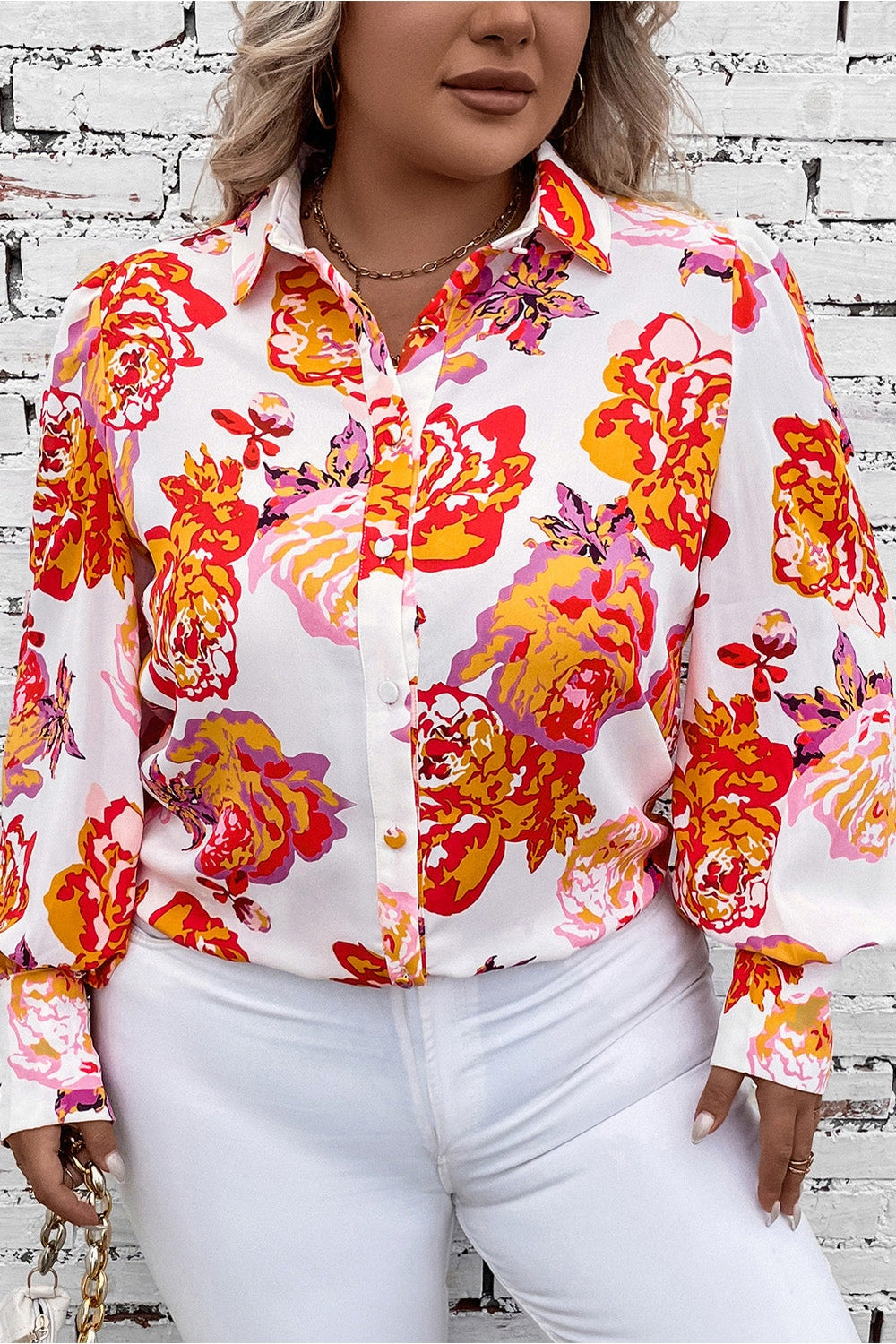 Plus Size Printed Long Sleeve Shirt - Shirts - FITGGINS