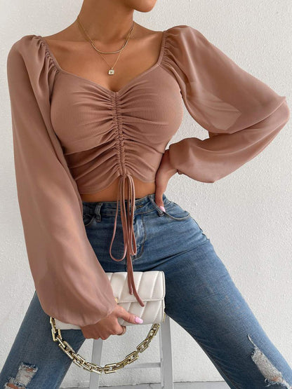 Drawstring Sweetheart Neck Cropped Top Camel Fitggins