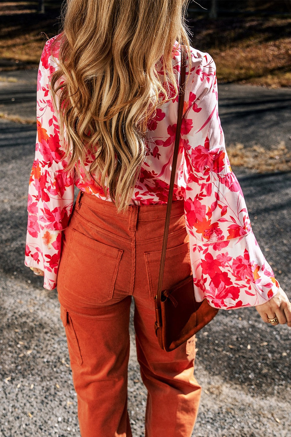 Floral Flare Sleeve Button Up V-Neck Bodysuit - Bodysuits - FITGGINS