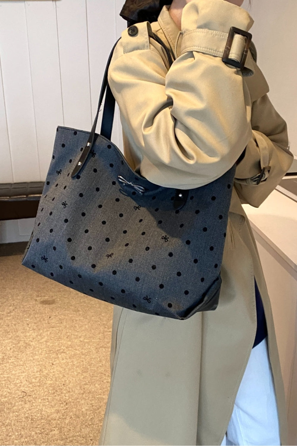 Polyester Bow Polka Dot Tote Bag - Handbag - FITGGINS