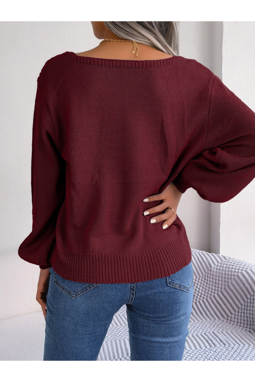 Cable-Knit Square Neck Long Sleeve Sweater - Pullover Sweaters - FITGGINS