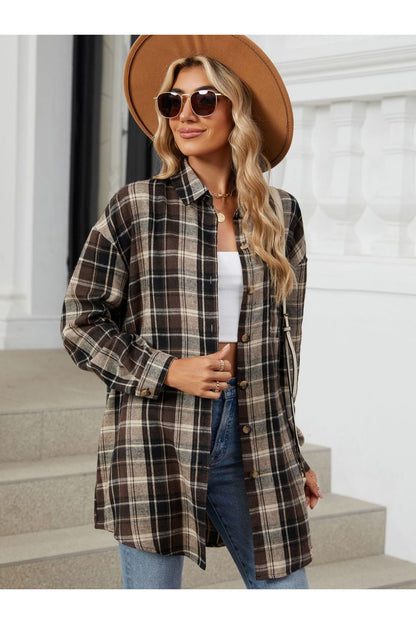 Plaid Collared Neck Long Sleeve Shirt - Shirts - FITGGINS