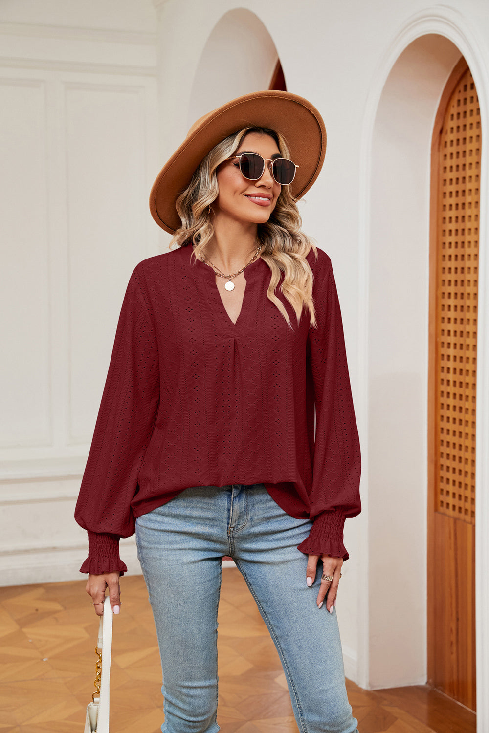 Notched Neck Flounce Sleeve Blouse Fitggins