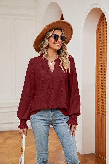 Notched Neck Flounce Sleeve Blouse Fitggins