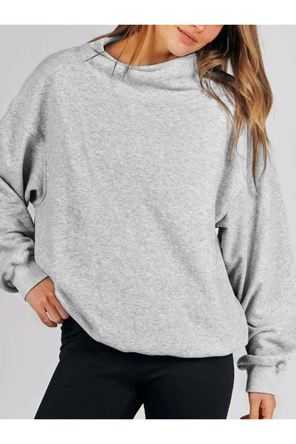 Mock Neck Drop Shoulder Long Sleeve Sweatshirt - Sweatshirts & Hoodies - FITGGINS