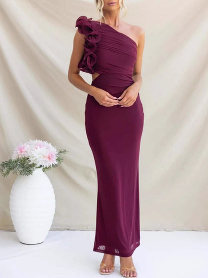 One-Shoulder Floral Trim Sleeveless Maxi Dress Fitggins