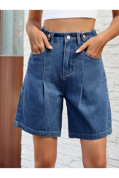 High Waist Denim Shorts with Pockets - Denim Shorts - FITGGINS