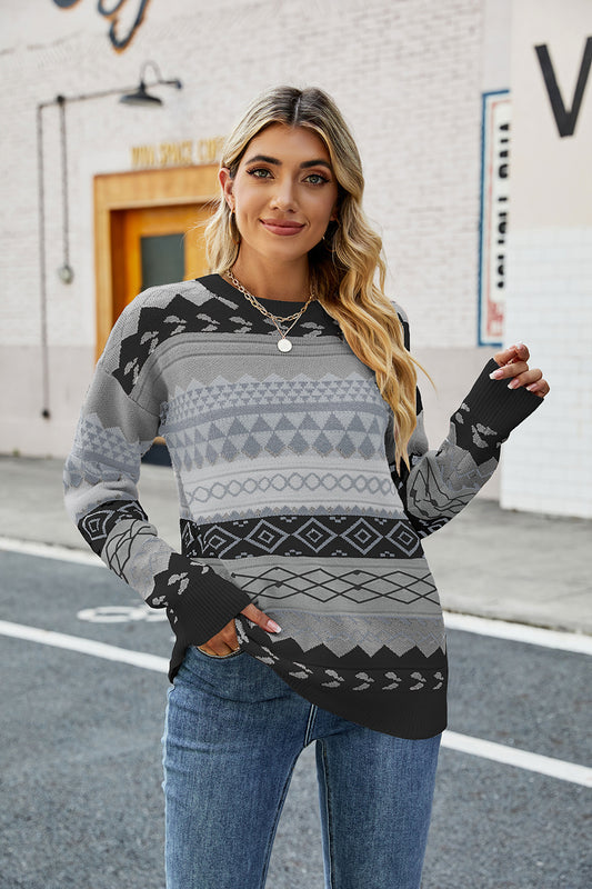 Round Neck Drop Shoulder Sweater Black Fitggins