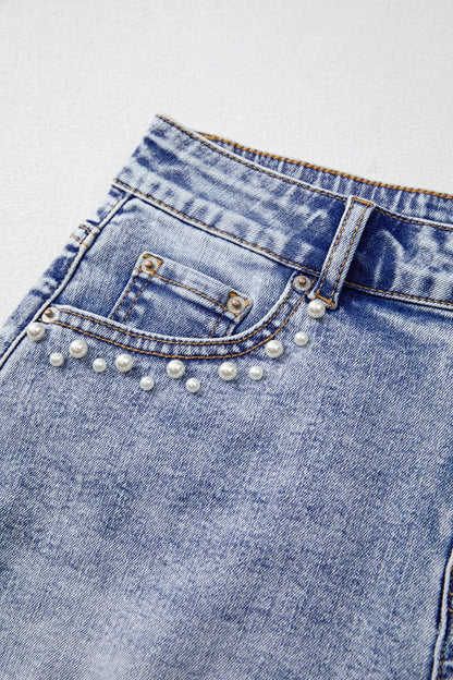 Pearl Studded Pockets Raw Hem Denim Shorts Fitggins