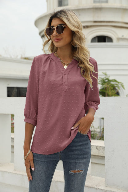Swiss Dot Notched Neck Three-Quarter Sleeve Blouse Moonlit Mauve Fitggins