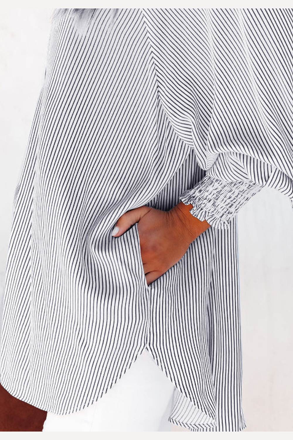 Striped Collared Neck Lantern Sleeve Shirt - Shirts - FITGGINS