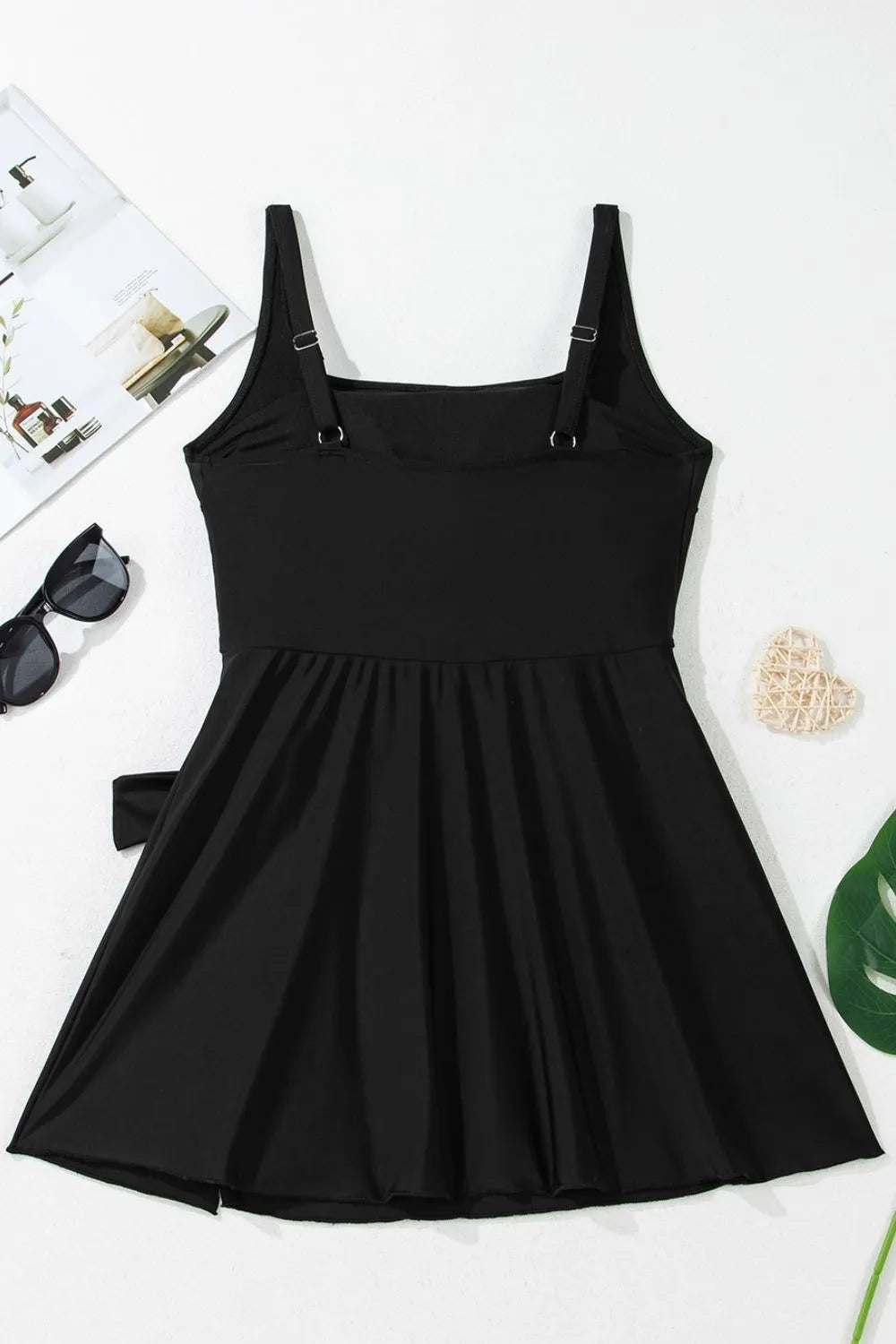 Side Tied Waist Square Neck Adjustable Straps A-line One Piece Swim Dress Fitggins