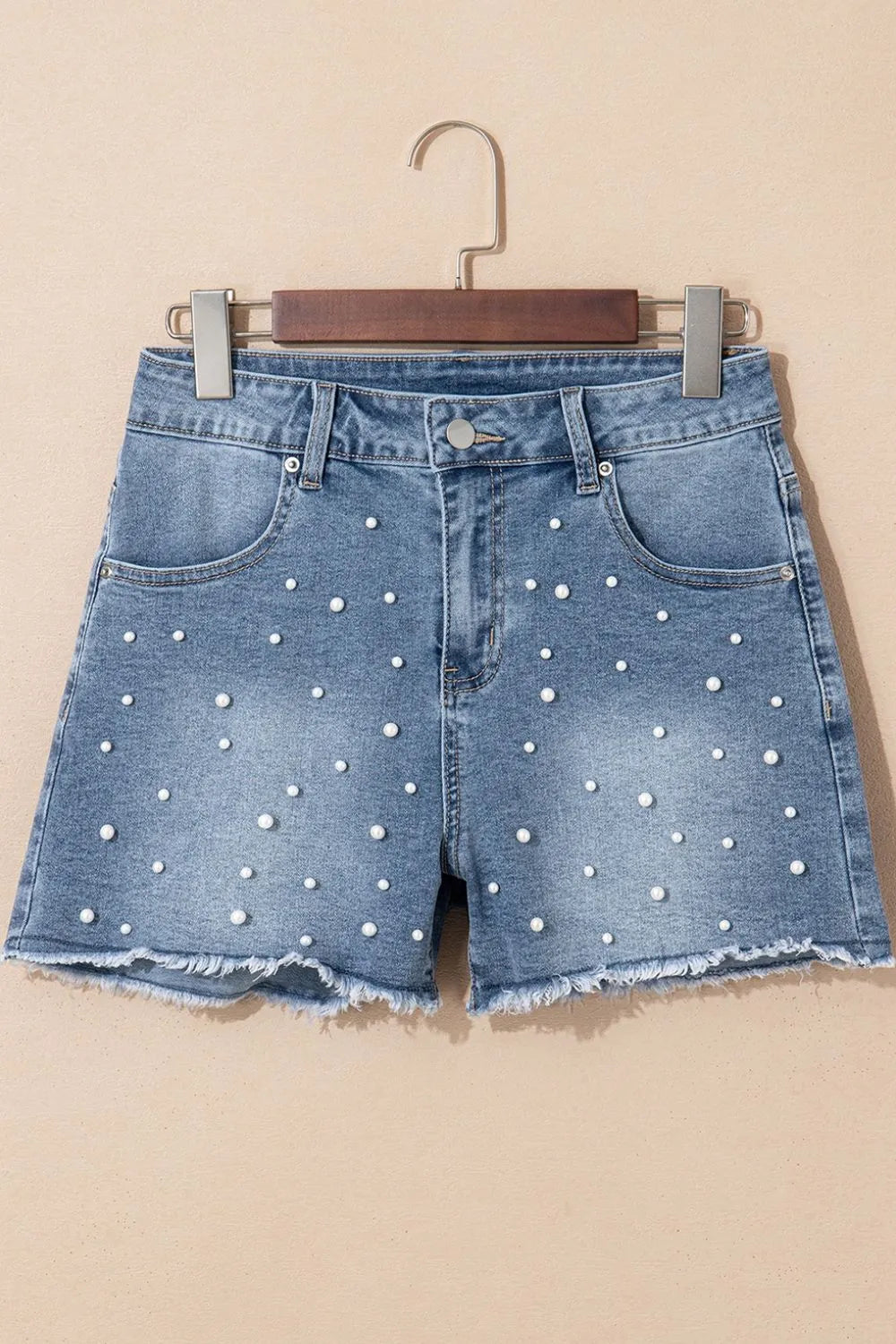 Pearl Beaded Raw Hem Wash Denim Shorts Fitggins