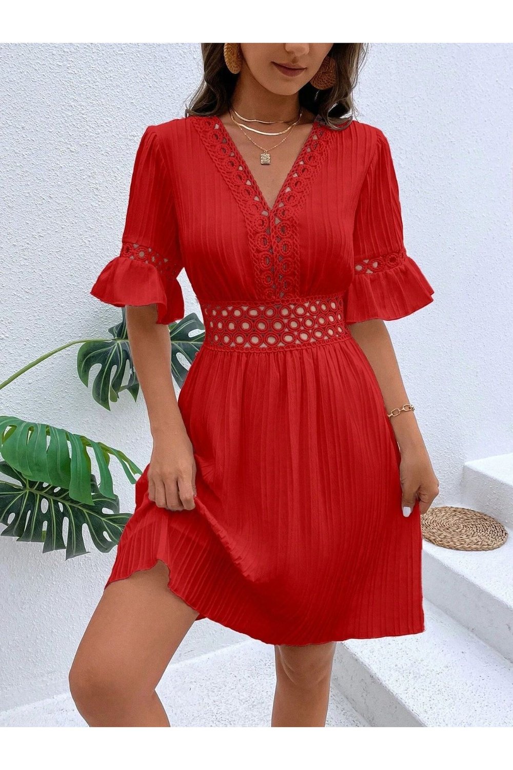 Cutout V-Neck Flounce Sleeve Mini Dress - Casual & Maxi Dresses - FITGGINS