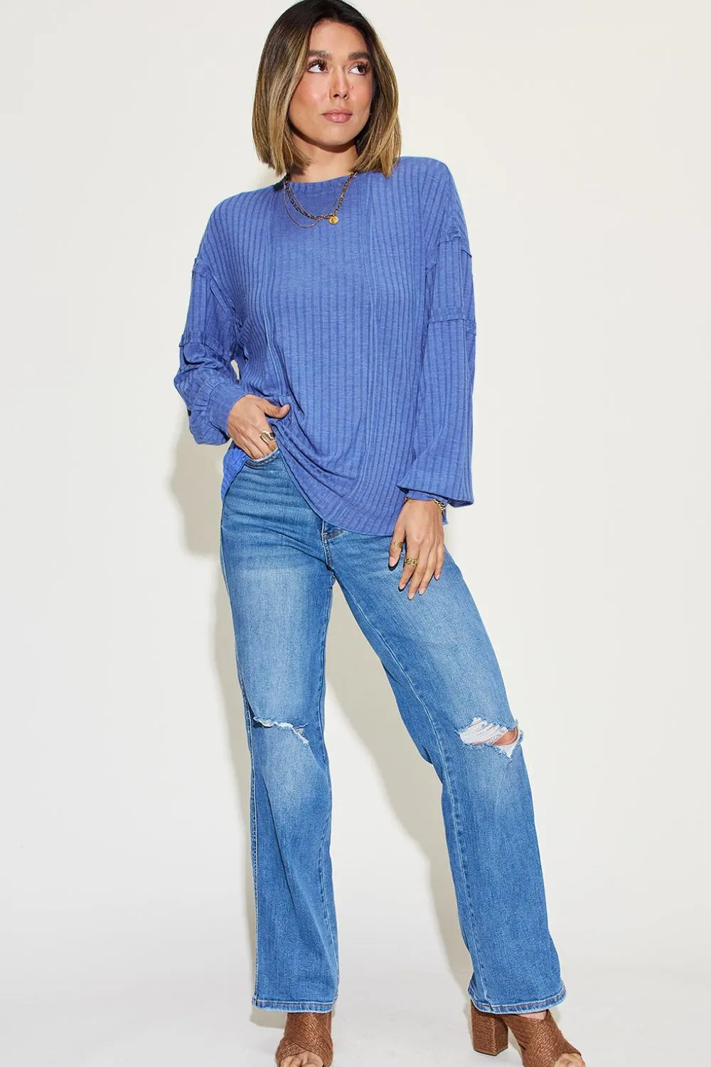 Basic Bae Full Size Ribbed Round Neck Long Sleeve T-Shirt Fitggins